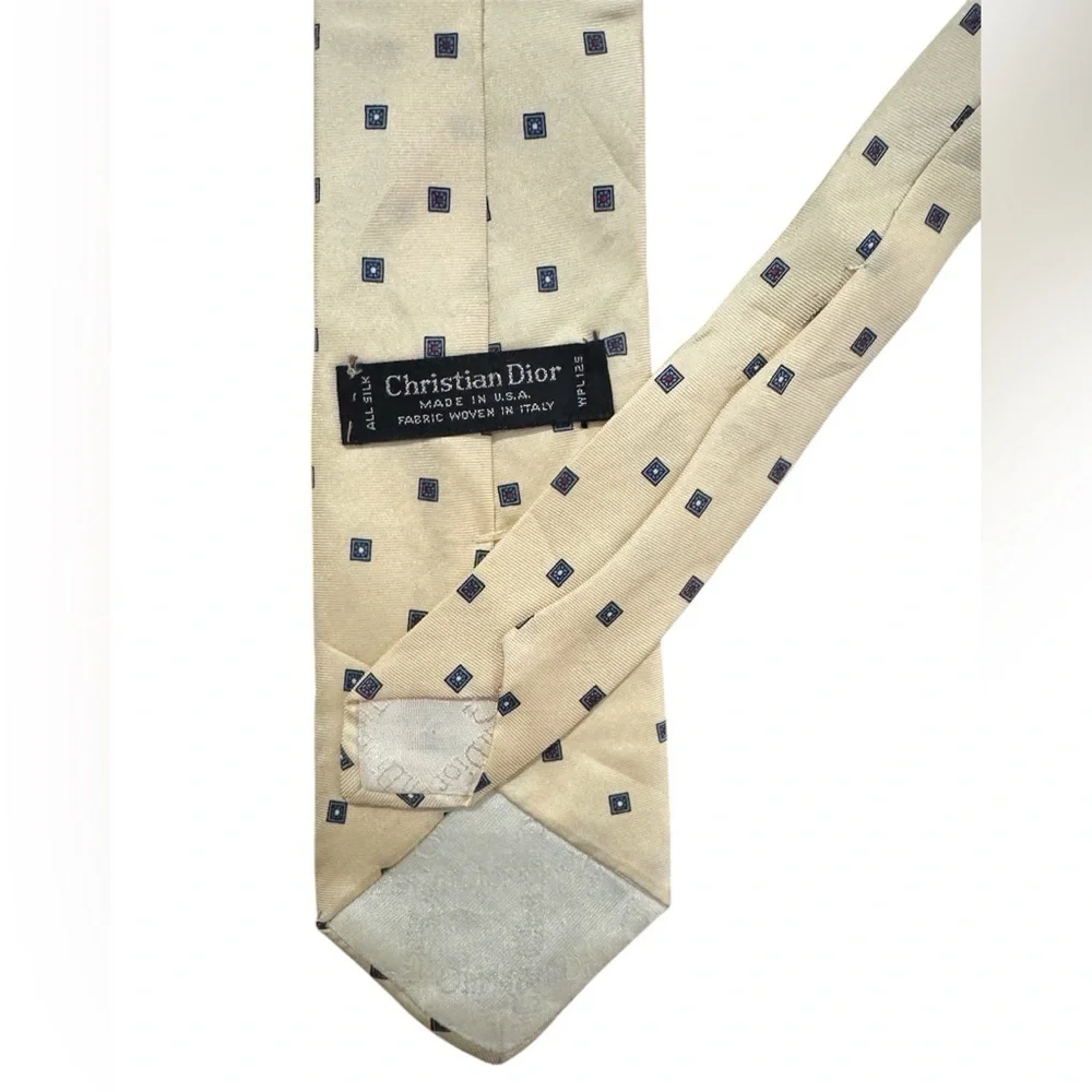 Christian Dior Tie 100% Silk Made in USA Cream Square Pattern